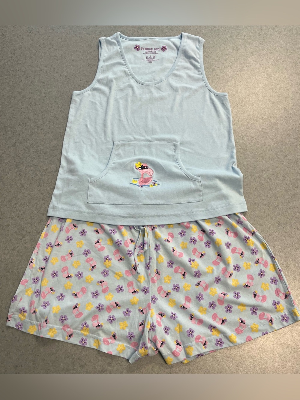 Vintage Y2K Fashion Bug Blue Pink Floral Flamingo Shorts Pajama Set—Large